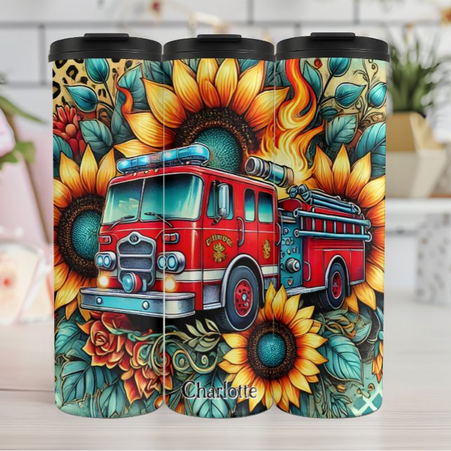 Fire Truck Amidst Sunflowers and Flames Thermal Tumbler (Creator Uploaded)