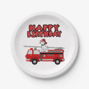 Fire Truck And Dalmatian Dog Happy Birthday Paper Plate
