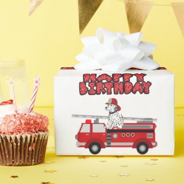 Fire Truck And Dalmatian Dog Happy Birthday Wrapping Paper (Birthday Party)