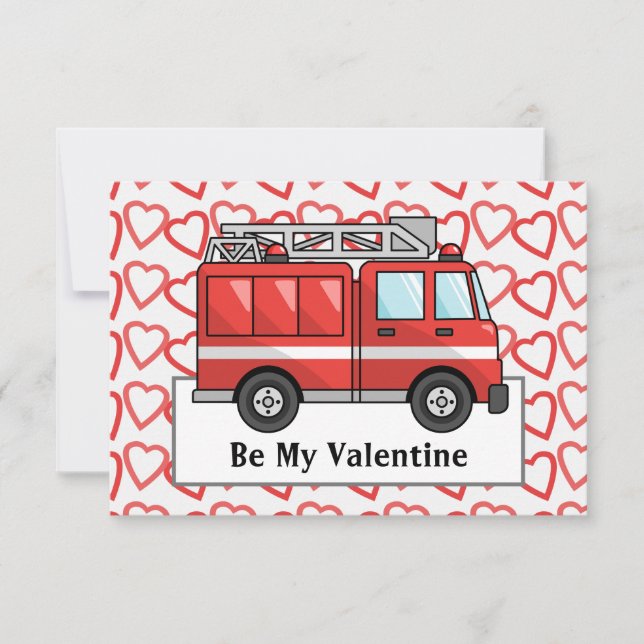 Fire Truck And Hearts Child's Valentine Card (Front)