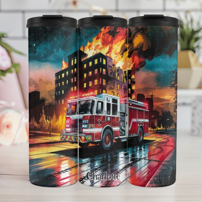 Fire Truck at Burning Building Thermal Tumbler (Creator Uploaded)