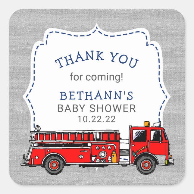 Fire Truck baby shower or birthday party favour Square Sticker (Front)