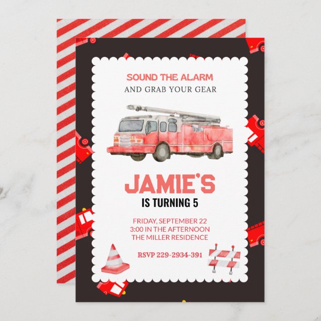 Fire Truck Birthday Invitation (Front/Back)