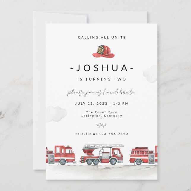 Fire truck Birthday Invitation, Fire station  Invitation (Front)
