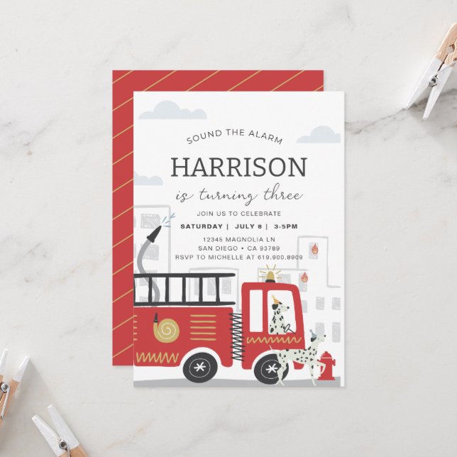 Fire Truck Birthday Invitation • Sound the Alarm (Front/Back In Situ)