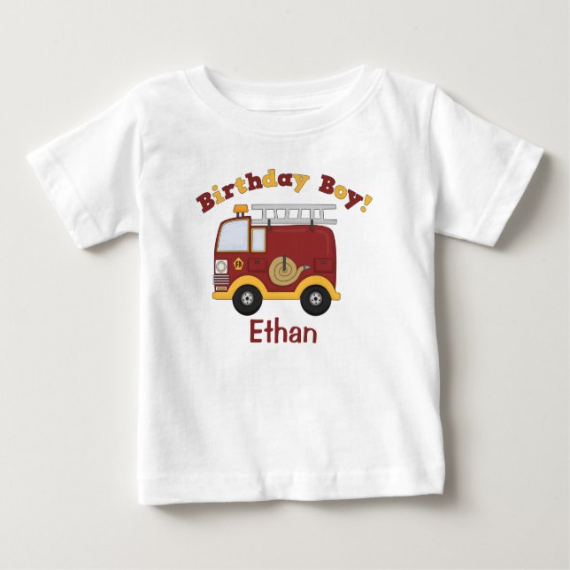 Fire Truck Birthday Kids Personalised Baby T-Shirt (Front)