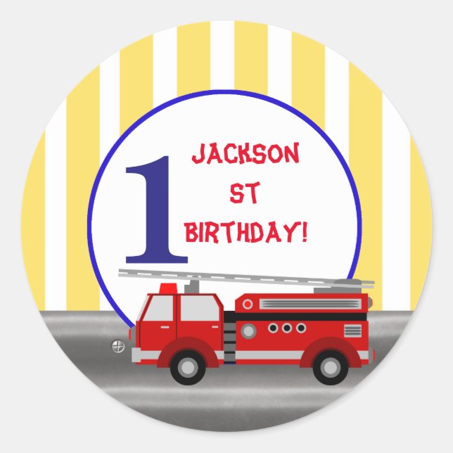 Fire truck birthday party classic round sticker (Front)