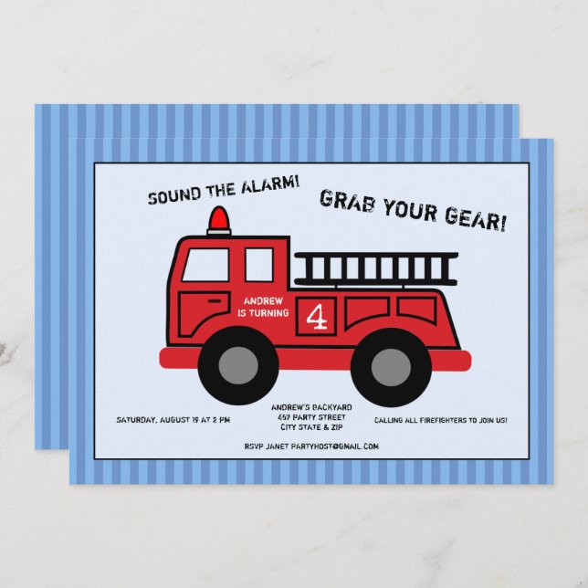 Fire Truck Birthday Party Invitation (Front/Back)