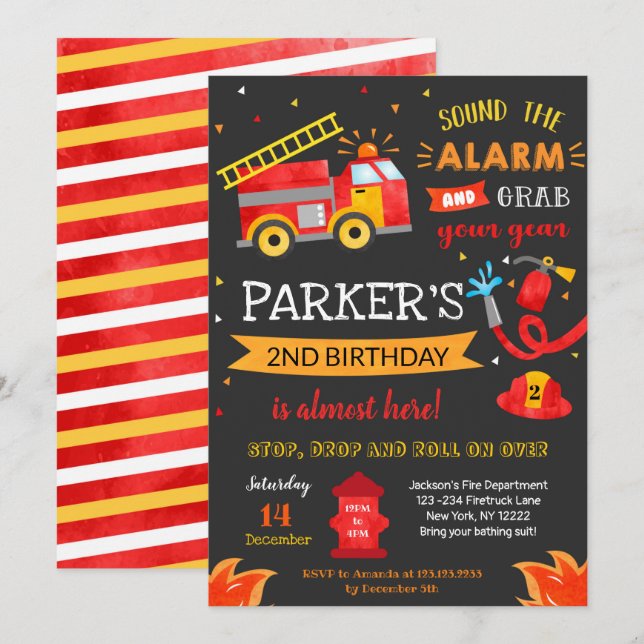 Fire Truck Birthday Party Invitation Fireman (Front/Back)