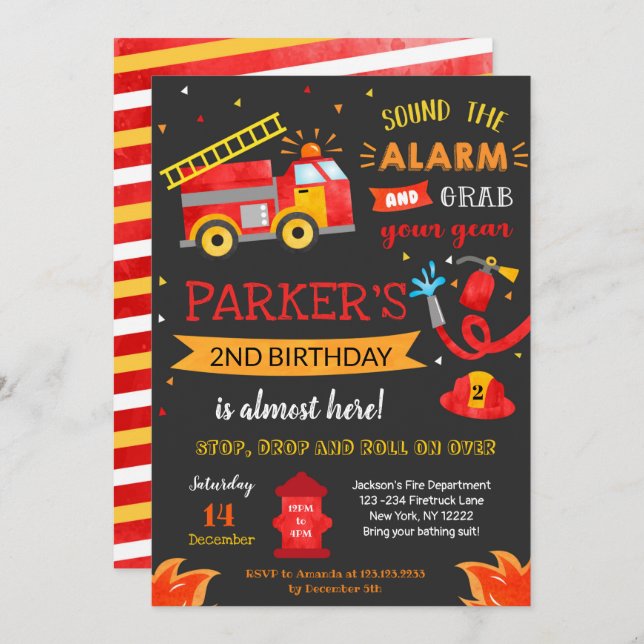 Fire Truck Birthday Party Invitation Fireman (Front/Back)