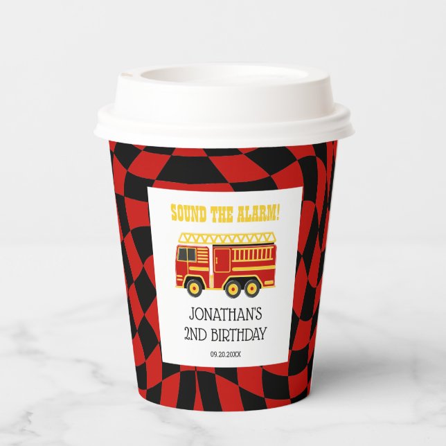 Fire Truck Black Red Chequered 2nd Birthday Paper Cups (Back)