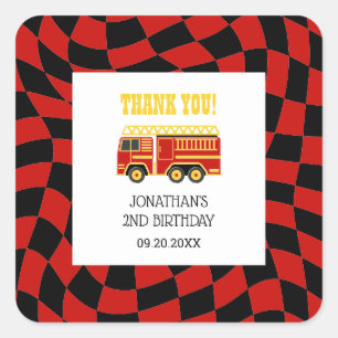 Fire Truck Black Red Chequered 2nd Birthday Square Sticker