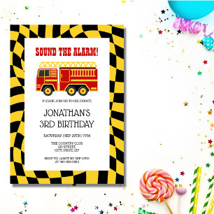 Fire Truck Black Yellow Chequered 3rd Birthday Invitation