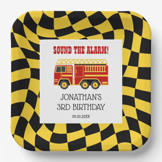 Fire Truck Black Yellow Chequered 3rd Birthday  Paper Plate (Front)