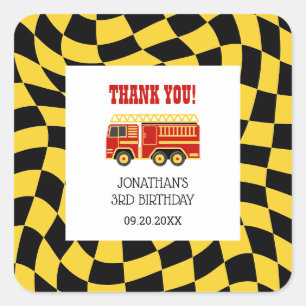 Fire Truck Black Yellow Chequered 3rd Birthday Square Sticker