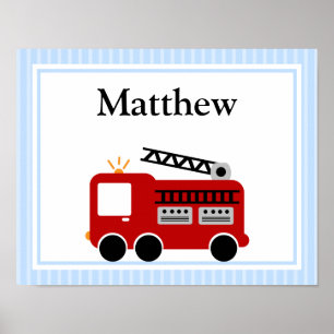 Fire Truck Blue Stripes Personalised Name Wall Art