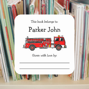 Fire Truck bookplate with message Square Sticker
