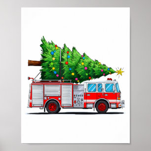 Fire Truck Christmas Tree Xmas Lights Firefighter  Poster