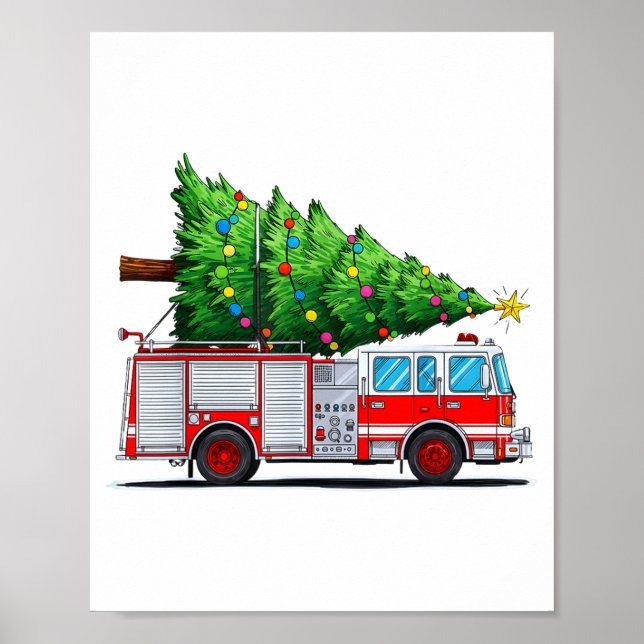 Fire Truck Christmas Tree Xmas Lights Firefighter  Poster (Front)