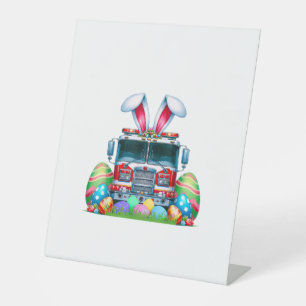 Fire Truck Easter Bunny Ears Firefighter Easter Eg Pedestal Sign