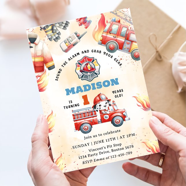 Fire Truck Fire Engine 1st Birthday Party Invitation (Creator Uploaded)