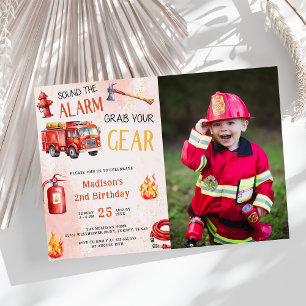 Fire Truck Fire Engine 2nd Birthday Party Photo Invitation