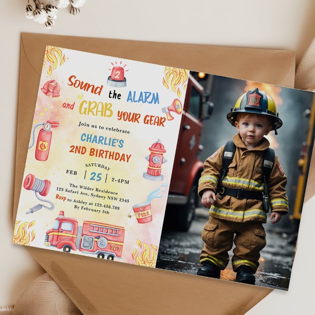Fire Truck Fire Engine 2nd Birthday Party Photo  Invitation (Creator Uploaded)
