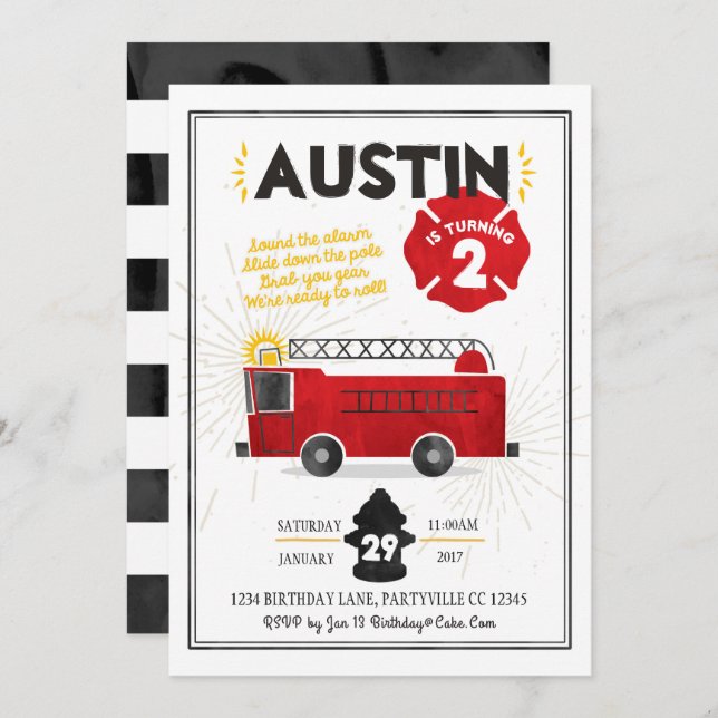 Fire Truck Fire Engine Birthday Invitation (Front/Back)
