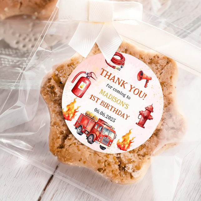 Fire Truck Firefighter 1st Birthday Party Classic Classic Round Sticker (Creator Uploaded)