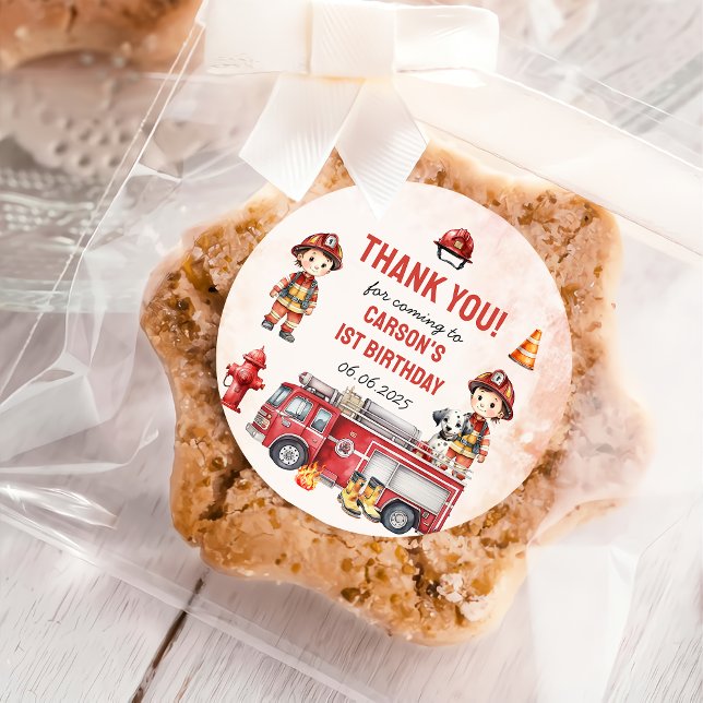 Fire Truck Firefighter 1st Birthday Party Classic Round Sticker (Creator Uploaded)