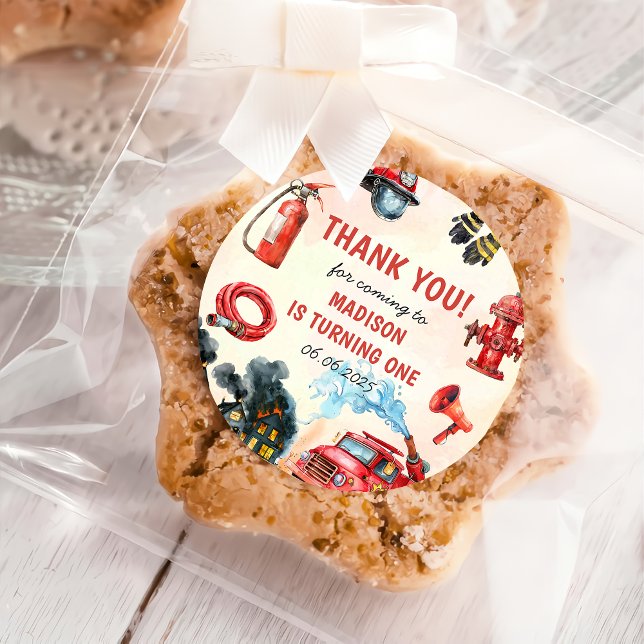 Fire Truck Firefighter 1st Birthday Party Classic Round Sticker (Creator Uploaded)