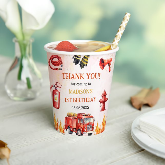 Fire Truck Firefighter 1st Birthday Party Paper Cups (Creator Uploaded)