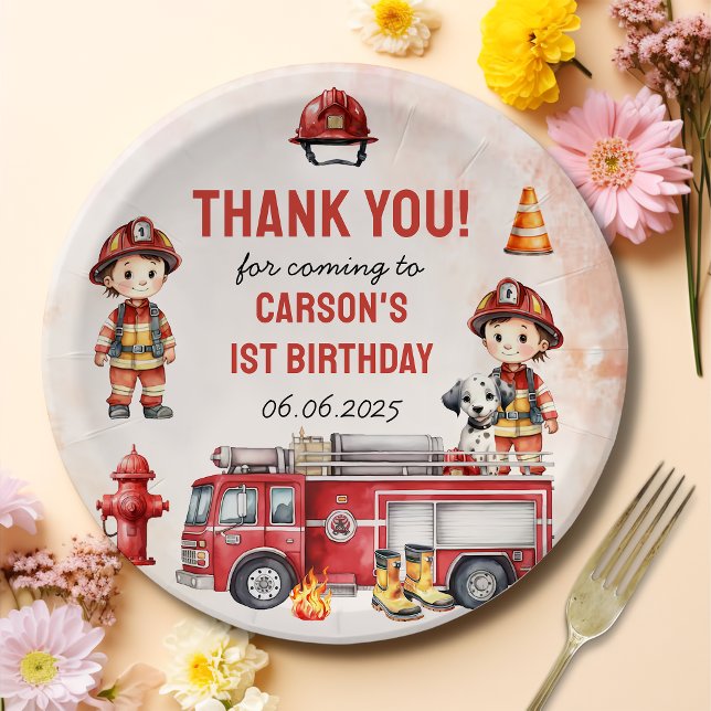 Fire Truck Firefighter 1st Birthday Party  Paper Plate (Creator Uploaded)