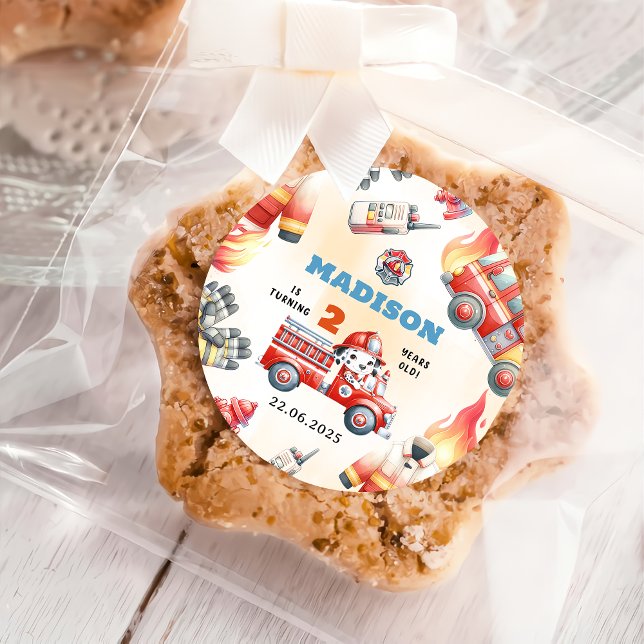 Fire Truck Firefighter 2nd Birthday Party  Classic Round Sticker (Creator Uploaded)