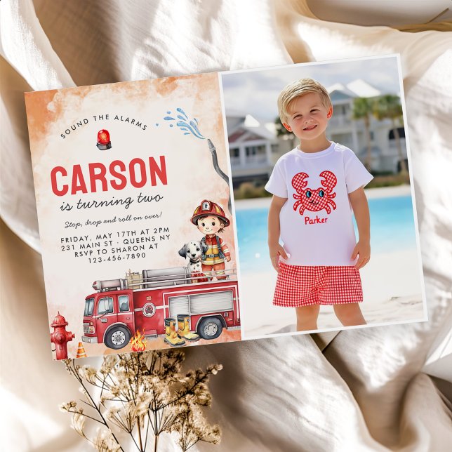 Fire Truck Firefighter 2nd Birthday Party Photo  Invitation (Creator Uploaded)