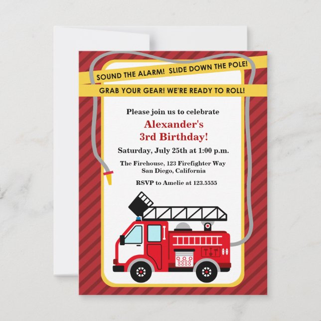 Fire Truck Firefighter Birthday Party Invitation (Front)