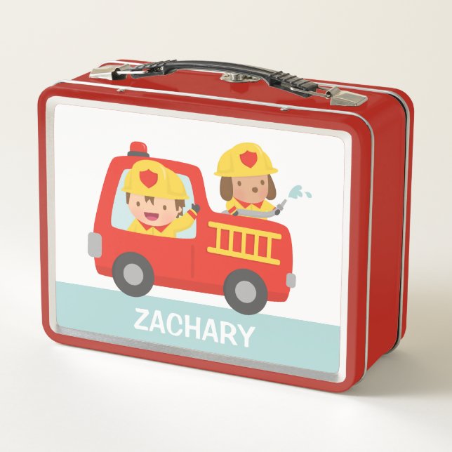 Fire Truck Firefighter Boy and Puppy Personalised  Metal Lunch Box (Back)