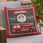 Fire Truck Firefighter Custom Photo Name Kids Room Cushion<br><div class="desc">Personalise this cute square pillow with your child's name and photo to create your own unique custom boys room pillow.</div>