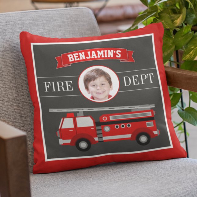 Fire Truck Firefighter Custom Photo Name Kids Room Cushion (Creator Uploaded)