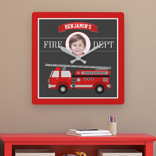 Fire Truck Firefighter Custom Photo Name Kids Room Square Wall Clock (Creator Uploaded)