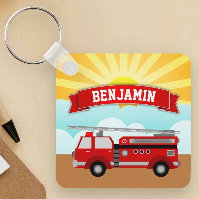 Fire Truck Firefighter Personalised Name Kids Room Key Ring (Creator Uploaded)