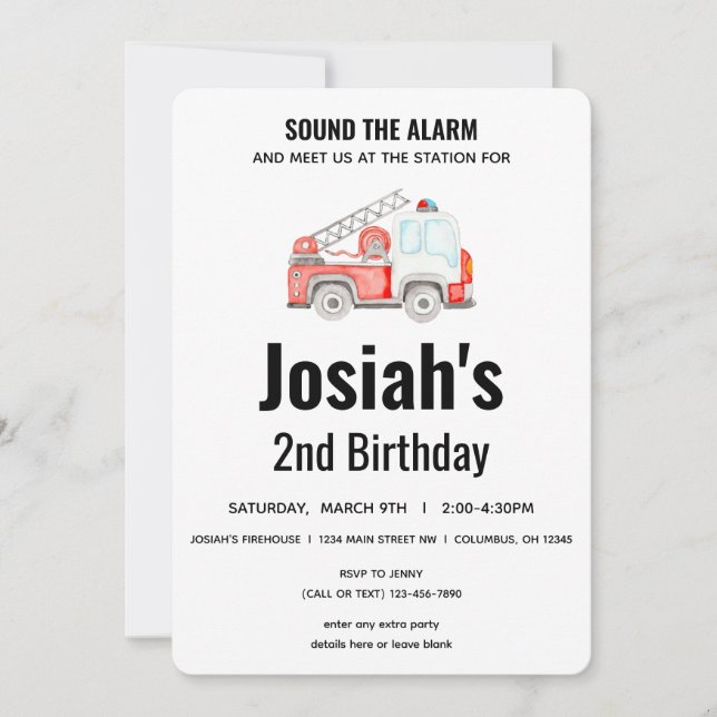 Fire Truck - Firefighter -Sound the Alarm Birthday Invitation (Front)