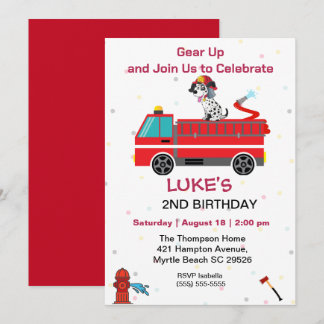 Fire Truck Fireman Kids 2nd Birthday Party Invitation