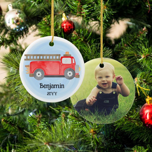 Fire Truck Fireman Photo Keepsake Christmas Ceramic Tree Decoration (Creator Uploaded)
