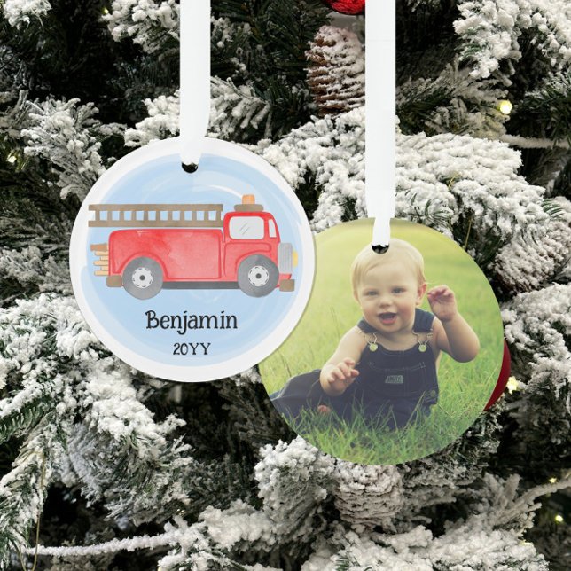 Fire Truck Fireman Photo Keepsake Christmas Ornament (Creator Uploaded)