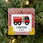 Fire Truck Flames Kids Little Boy Christmas Ceramic Ornament<br><div class="desc">Firetruck illustration with brick background and flames.  Personalise with the name and year.</div>