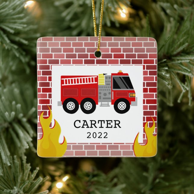 Fire Truck Flames Kids Little Boy Christmas Ceramic Ornament (Tree)