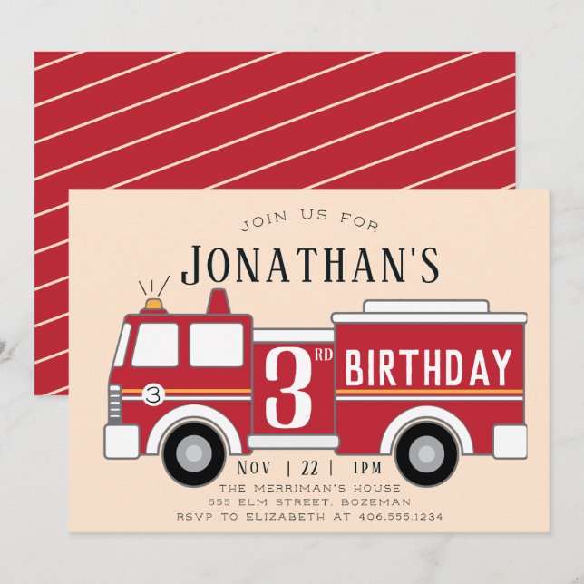 Fire truck kids birthday invitation (Front/Back)