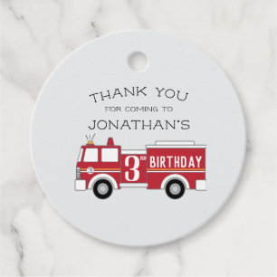 Fire truck kids birthday invitation favour tags