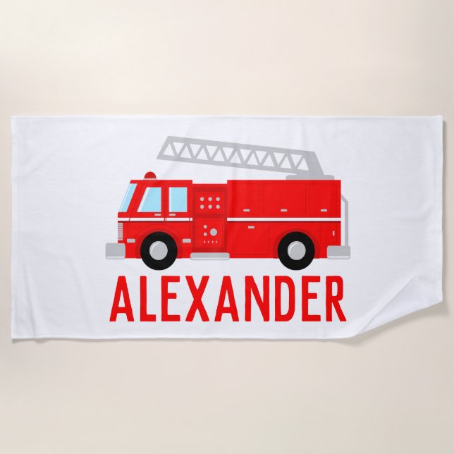 Fire Truck Kids Name Beach Towel (Front)